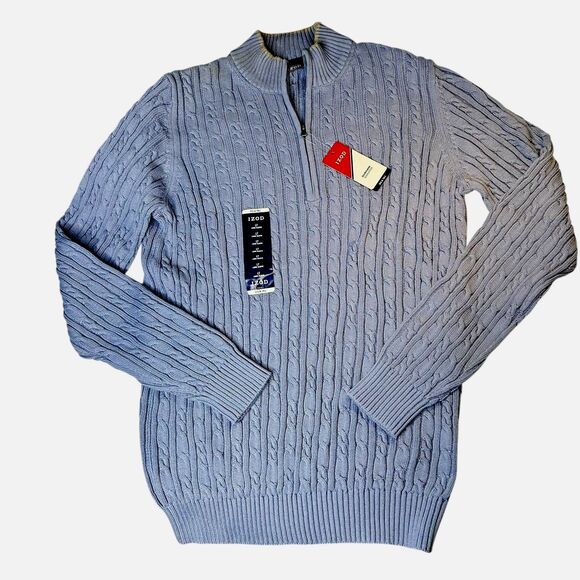 NEW IZOD Men's Cable Knit Durham Sweater LARGE TALL Quarter Zip Ocean Blue - Picture 1 of 8